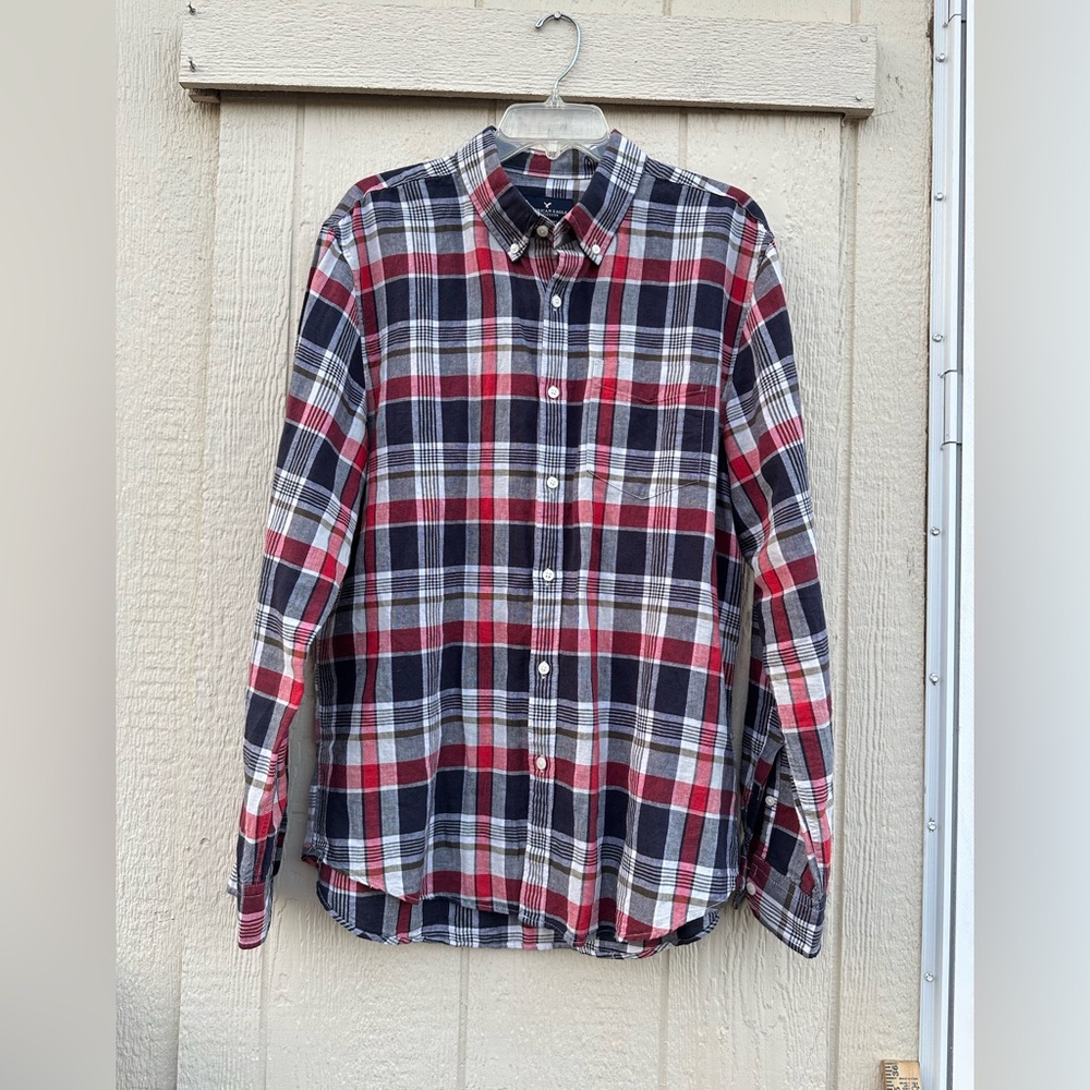 American Eagle Seriously Soft Long Sleeve Button Down Shirt Men's L Linen Blend